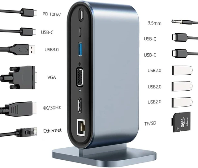 Alt view image 6 of 6 - 14 in 1 Type C Hub Type-C to 2 4K VGA Adapter RJ45 SD TF PD USB-C 3.0 .5mm Audio/Mic