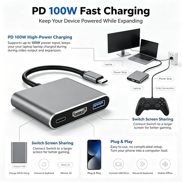 Alt view image 6 of 6 - Portable USB C Docking Station, Compatible w/Switch 2, 4K 60-120Hz HDR PD