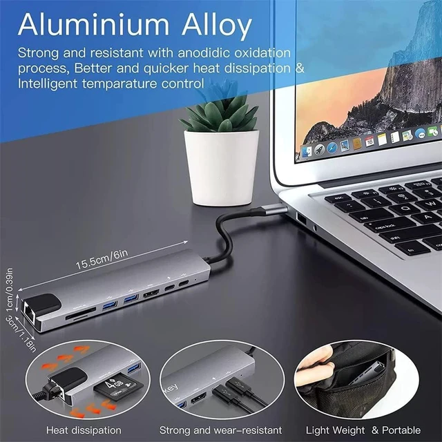 Alt view image 5 of 6 - C Hub 8 in 1 Type C 3.1 to 4K Adapter with RJ45 SD/TF Card Reader PD Fast Charge(D)