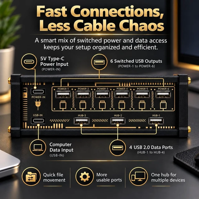 Alt view image 5 of 7 - 6 Port USB Switcher, 6 Individual Switches USB Switcher with Indicator Light, Share USB Devices, for Boyfriend Gift, for Office, Home Entertainment, and Small Studios