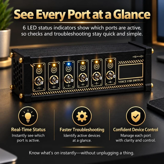 Alt view image 6 of 7 - 6 Port USB Switcher, 6 Individual Switches USB Switcher with Indicator Light, Share USB Devices, for Boyfriend Gift, for Office, Home Entertainment, and Small Studios