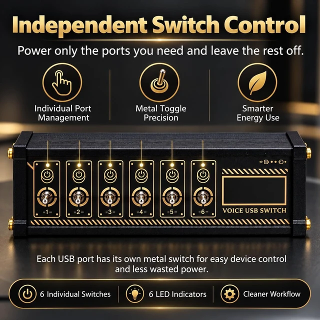 Alt view image 3 of 7 - 6 Port USB Switcher, 6 Individual Switches USB Switcher with Indicator Light, Share USB Devices, for Boyfriend Gift, for Office, Home Entertainment, and Small Studios