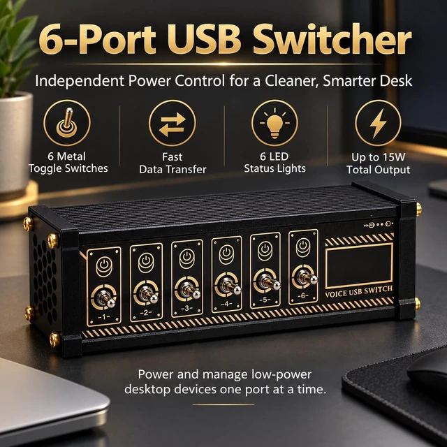 Alt view image 2 of 7 - 6 Port USB Switcher, 6 Individual Switches USB Switcher with Indicator Light, Share USB Devices, for Boyfriend Gift, for Office, Home Entertainment, and Small Studios