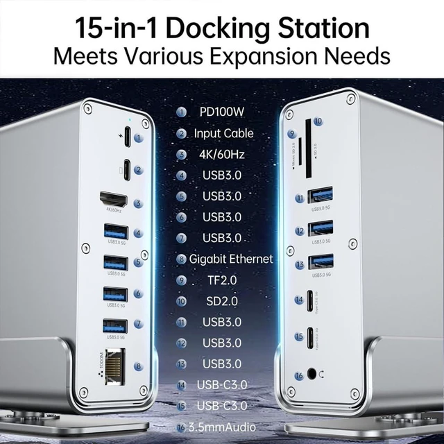 Alt view image 4 of 7 - 15 in 1 Vertical USB C Hubs for Features 4K HDTV and USB3.0 Port Gigabit Fast Charging and More