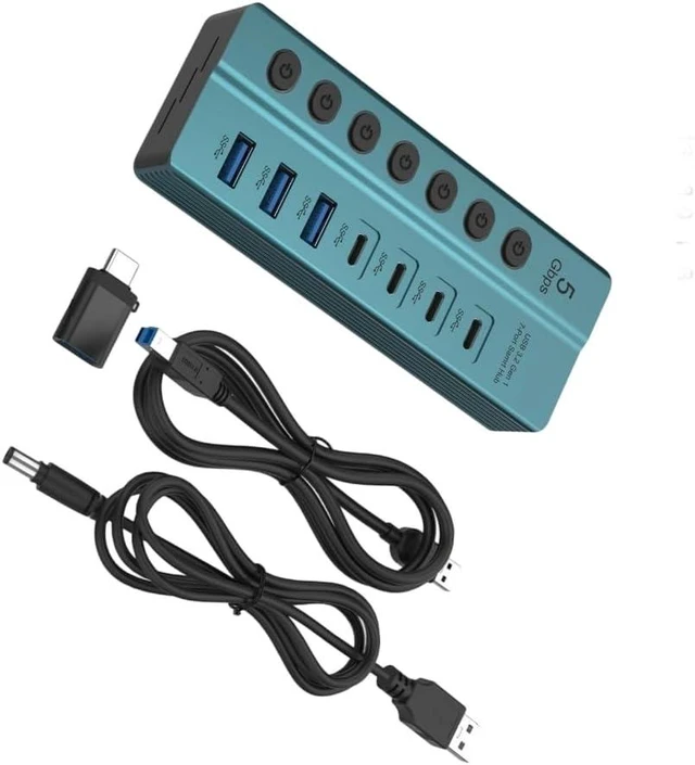 Main image of USB Splitter 7 Port USB Data Splitter with Individual Switches Power Adapter USB Extension Splitter for Laptop