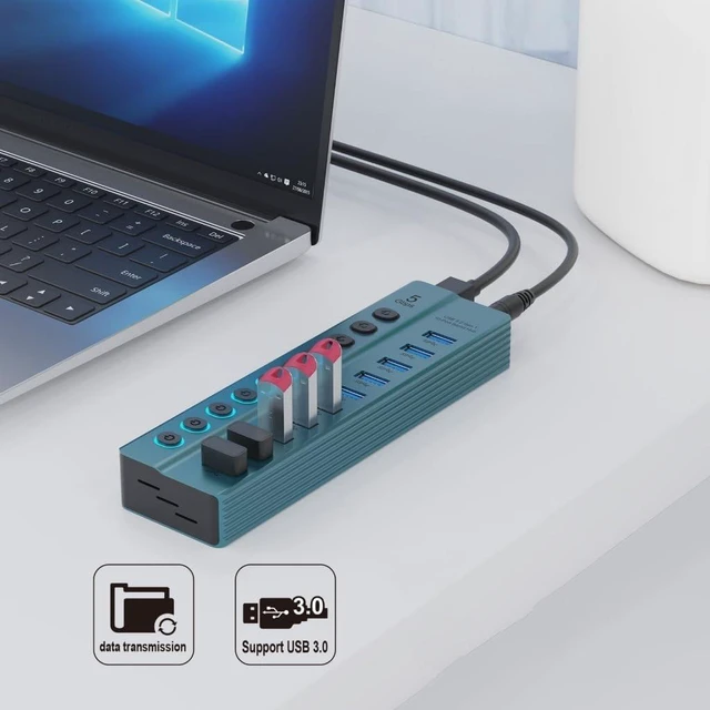 Alt view image 2 of 7 - USB Splitter 7 Port USB Data Splitter with Individual Switches Power Adapter USB Extension Splitter for Laptop