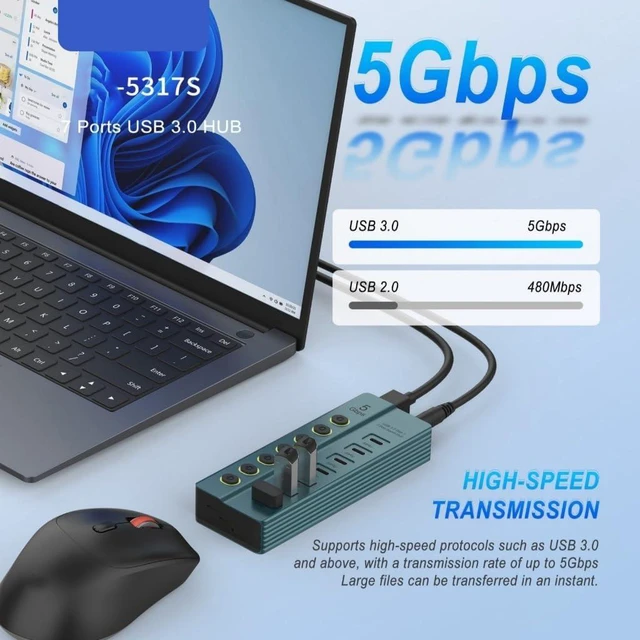 Alt view image 3 of 7 - USB Splitter 7 Port USB Data Splitter with Individual Switches Power Adapter USB Extension Splitter for Laptop