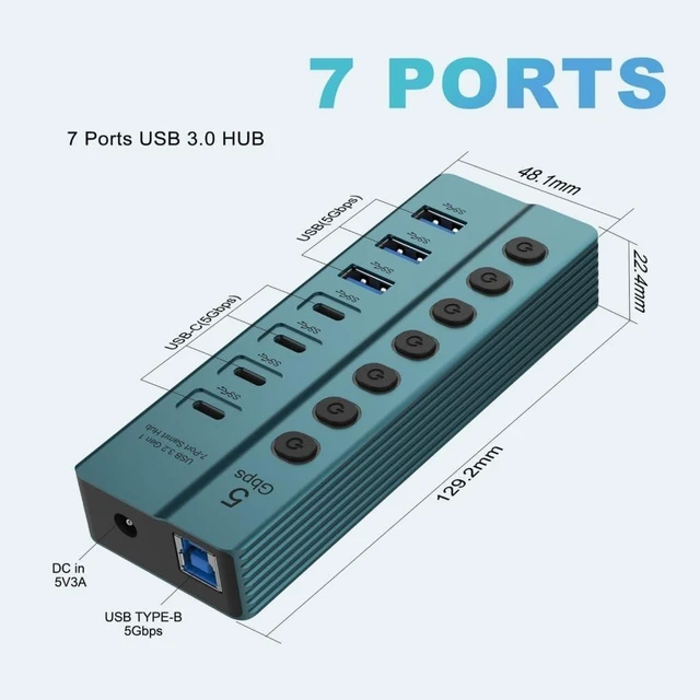 Alt view image 5 of 7 - USB Splitter 7 Port USB Data Splitter with Individual Switches Power Adapter USB Extension Splitter for Laptop