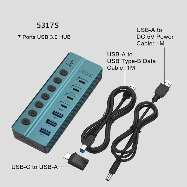 Alt view image 4 of 7 - USB Splitter 7 Port USB Data Splitter with Individual Switches Power Adapter USB Extension Splitter for Laptop
