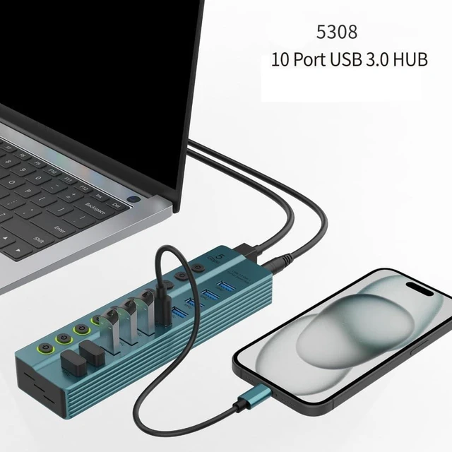 Alt view image 7 of 7 - USB Splitter 7 Port USB Data Splitter with Individual Switches Power Adapter USB Extension Splitter for Laptop