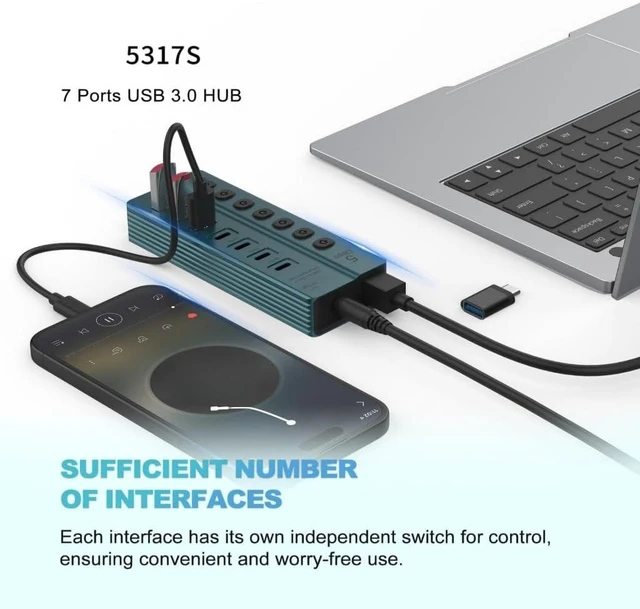 Alt view image 6 of 7 - USB Splitter 7 Port USB Data Splitter with Individual Switches Power Adapter USB Extension Splitter for Laptop
