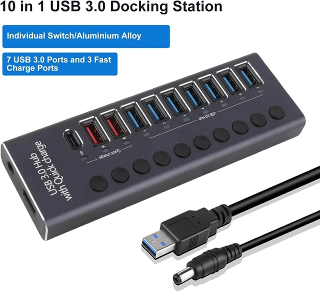 Alt view image 5 of 7 - USB 3.0 Docking Station 10 Ports 5Gbps 60W Individual Switch