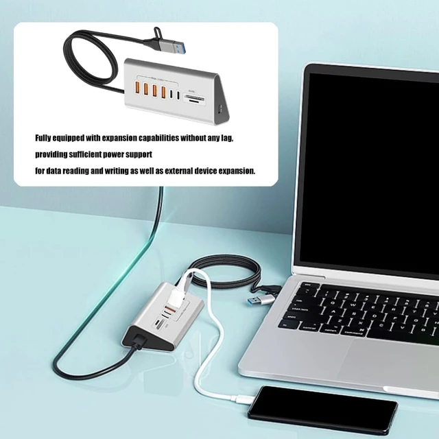 Alt view image 6 of 7 - Aluminum Alloy USB C Hubs 8 Port USB 3.2 10Gbps SDTF Card Reader Plugs and Play for Travel