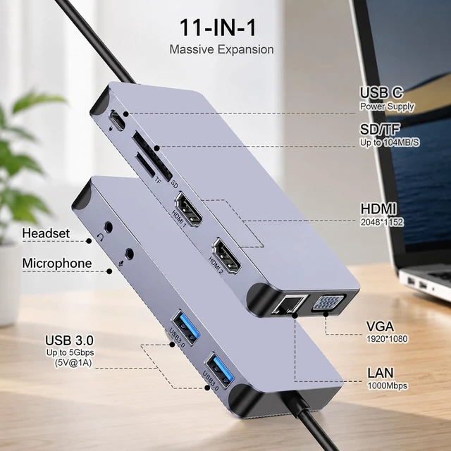 Alt view image 2 of 6 - USB Docking Station, Triple Monitor DisplayLink Dock with HDMI VGA