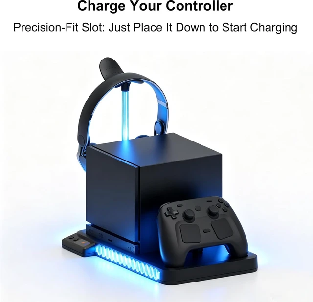 Alt view image 3 of 7 - Cooling Charging Dock for Steam Machine, DualFan RGB LED 3Port USBHub