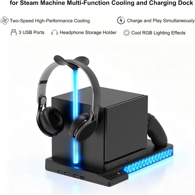Alt view image 2 of 7 - Cooling Charging Dock for Steam Machine, DualFan RGB LED 3Port USBHub