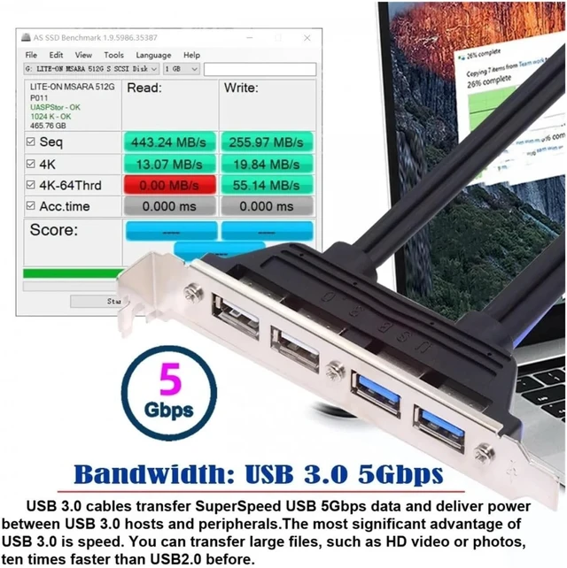 Alt view image 6 of 6 - 2-Port USB 3.0 & 2-Port USB 2.0 Rear Panel Expansion Bracket with 20-Pin and 9-Pin Motherboard Header Cable(Blue)