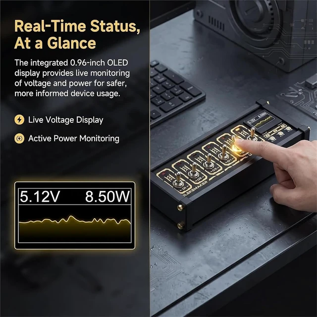 Alt view image 3 of 7 - 6-Port USB Splitter, 6 Ports USB Switcher, 4 USB Data Hub, with Independent Control Button, Oltage+Power+Waveform Display, Setting Light Color, for Phones, Tablets, and Gadgets