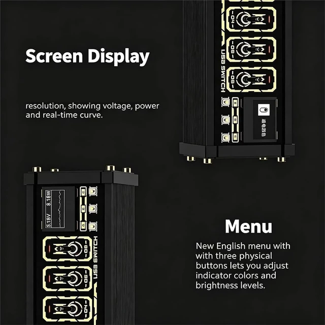 Alt view image 7 of 7 - 6-Port USB Splitter, 6 Ports USB Switcher, 4 USB Data Hub, with Independent Control Button, Oltage+Power+Waveform Display, Setting Light Color, for Phones, Tablets, and Gadgets
