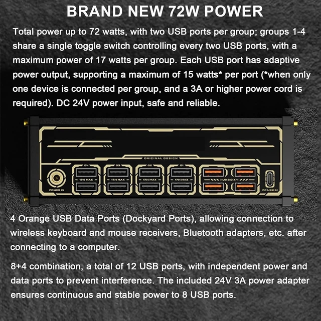 Alt view image 3 of 7 - 8-Port USB Docking Station, 72w Desktop USB Power Hub
