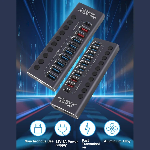 Alt view image 6 of 7 - USB 3.0 Docking Station 10 Ports 5Gbps 60W Individual Switch