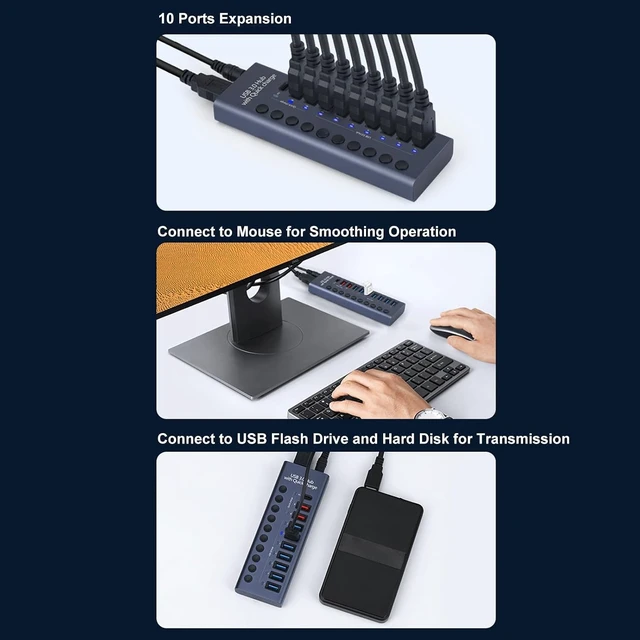 Alt view image 7 of 7 - USB 3.0 Docking Station 10 Ports 5Gbps 60W Individual Switch