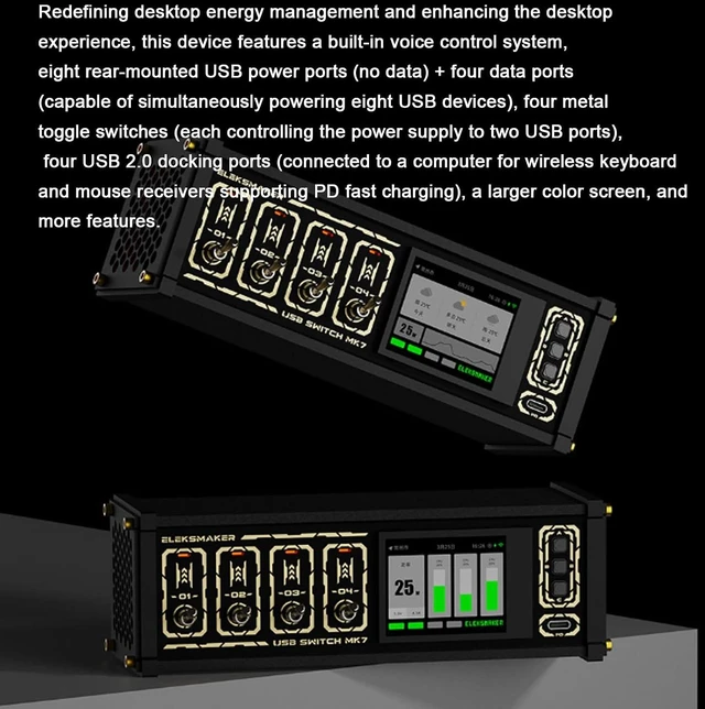 Alt view image 4 of 7 - 8-Port USB Docking Station, 72w Desktop USB Power Hub, 4 Independent Toggle Switches, 2.4-inch IPS Display, Smart Power Management Controller for Desktop Devices