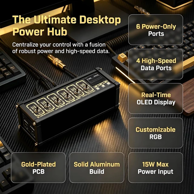 Alt view image 5 of 7 - Portable 6-Port USB Splitter, 6 Port USB Docking Station, 4 USBa Data Hub, 0.96" OLED, Oltage+Power+Waveform Display, Setting Light Color & Brightness, for Phones, Tablets, Gadgets