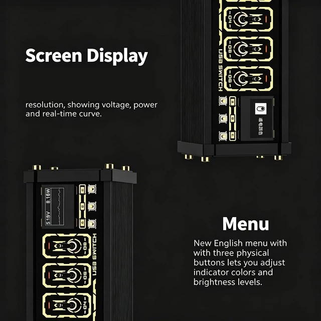 Alt view image 7 of 7 - Portable 6-Port USB Splitter, 6 Port USB Docking Station, 4 USBa Data Hub, 0.96" OLED, Oltage+Power+Waveform Display, Setting Light Color & Brightness, for Phones, Tablets, Gadgets
