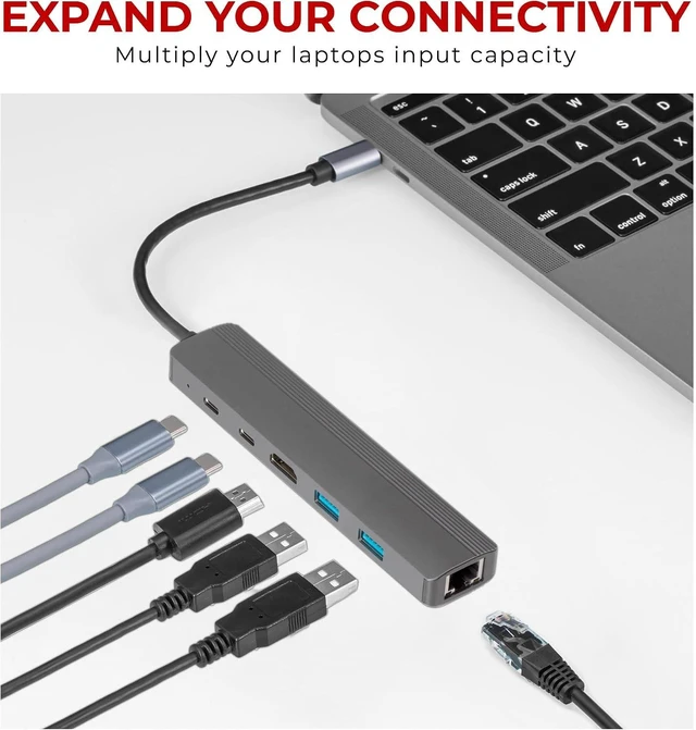 Alt view image 2 of 7 - Maplin USB-C Multiport Hub, 4K HDMI, 2X USB-A 3.0 5Gbps, 2X USB-C, 100W Power Delivery, Gigabit Ethernet RJ45 Adapter for MacBook, Chromebook & Laptop