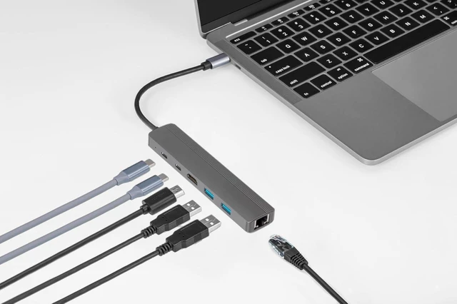 Alt view image 7 of 7 - Maplin USB-C Multiport Hub, 4K HDMI, 2X USB-A 3.0 5Gbps, 2X USB-C, 100W Power Delivery, Gigabit Ethernet RJ45 Adapter for MacBook, Chromebook & Laptop