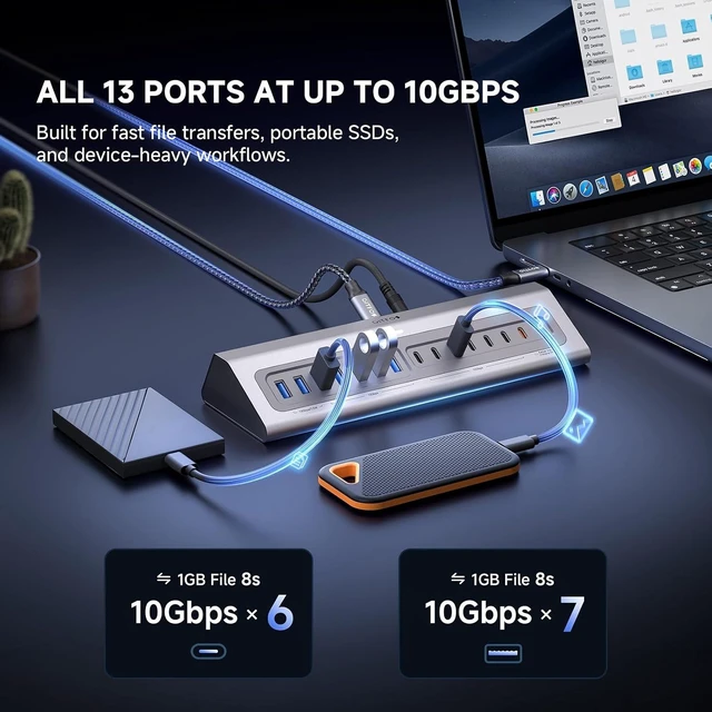 Alt view image 3 of 7 - Gitfos Powered USB Hub, 18 in 1 Powered USB 3.2 Hub,13 USB 10Gbps,100W PD