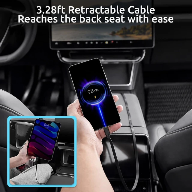 Alt view image 6 of 7 - USB Hub for Tesla Model Y/3 Center Console Charger Hub with Retractable 3.3ft Type-C Fast Charging Cable for 2021-2024Model Y/2021-2023Model 3