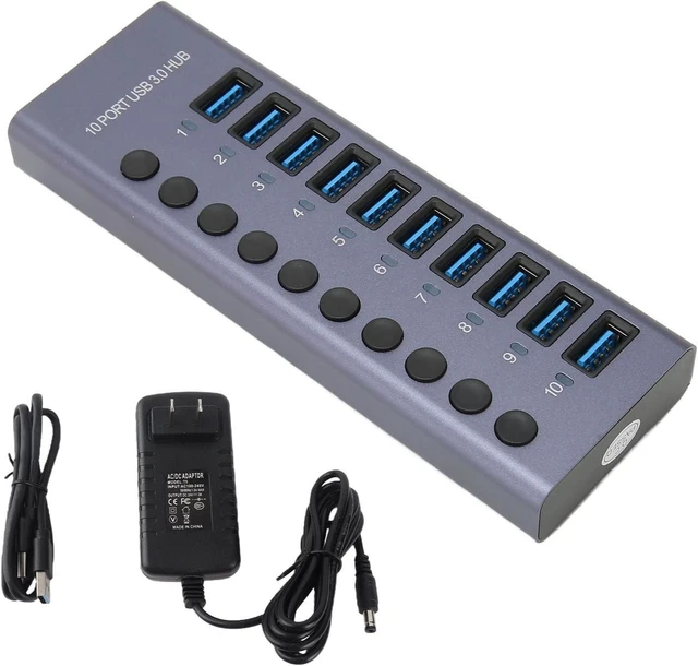 Main image of 10 Port USB 3.0 Hub 60W with Individual Power Switches LEDs Aluminum Alloy Docking Station 5Gbps
