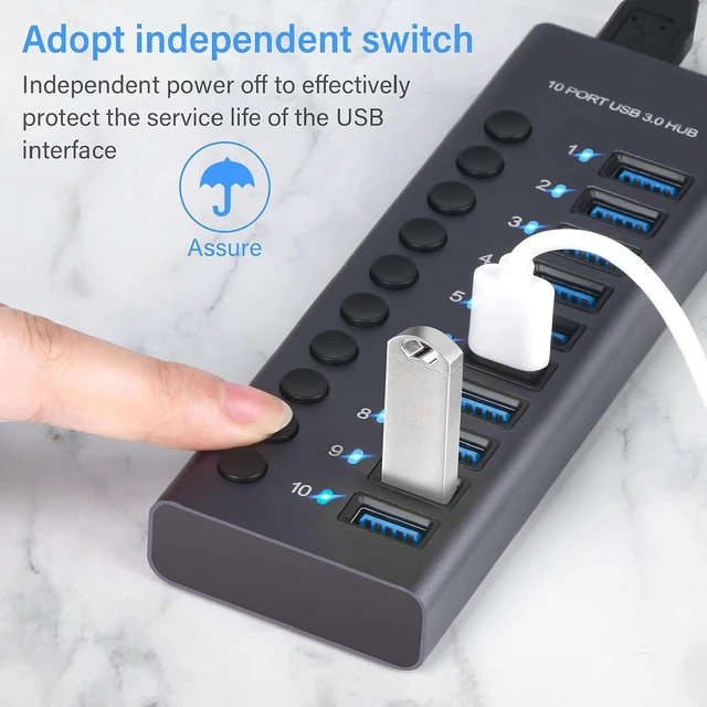 Alt view image 4 of 7 - 10 Port USB 3.0 Hub 60W with Individual Power Switches LEDs Aluminum Alloy Docking Station 5Gbps