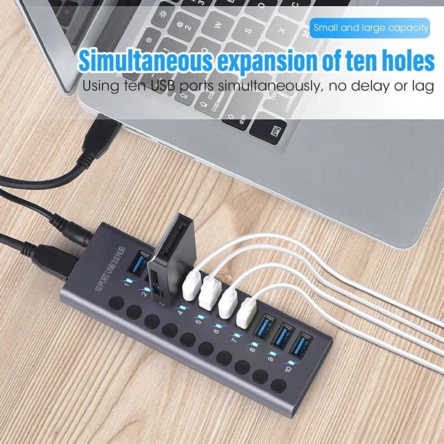 Alt view image 5 of 7 - 10 Port USB 3.0 Hub 60W with Individual Power Switches LEDs Aluminum Alloy Docking Station 5Gbps