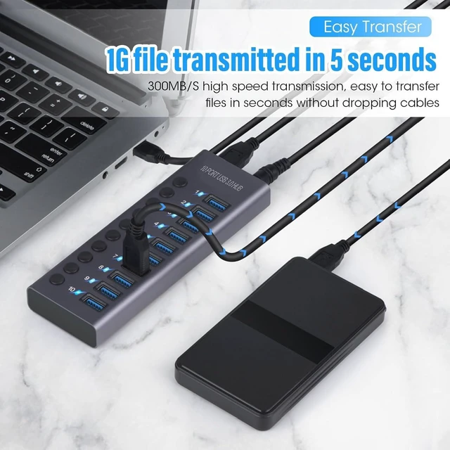 Alt view image 6 of 7 - 10 Port USB 3.0 Hub 60W with Individual Power Switches LEDs Aluminum Alloy Docking Station 5Gbps