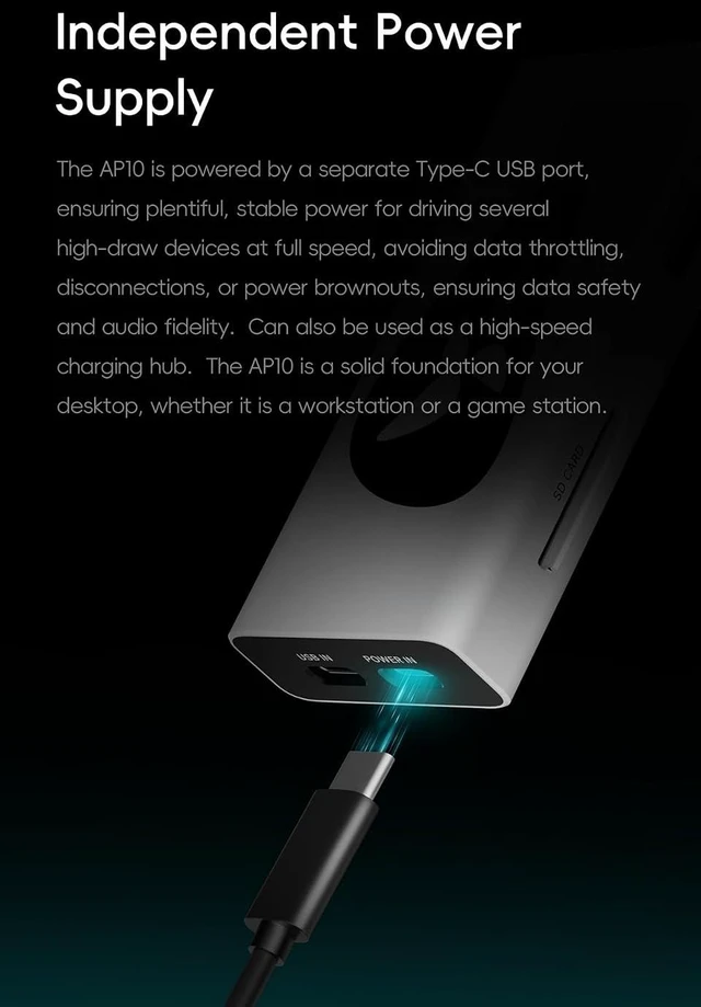 Alt view image 4 of 7 - HiBy Digital AP10 USB Audio Hub with Signal Isolation, USB 3.2 Gen 1 Expansion Dock, Independent Power Supply, SD Card Reader, Hi-Res PCM 32Bit/384kHz DSD256 for USB DAC, PC & Desktop HiFi System