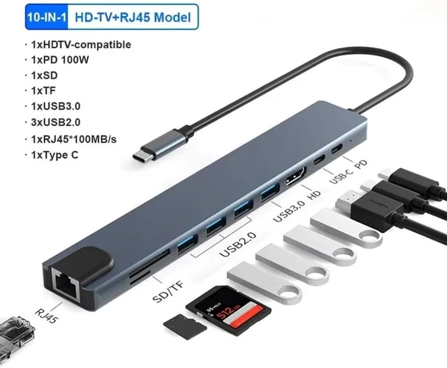 Alt view image 2 of 3 - USB C Hub Compatible with Phone 10 in 1 4K30Hz Docking Station Type C to HDTV-Compatible RJ45 Ethernet PD100W