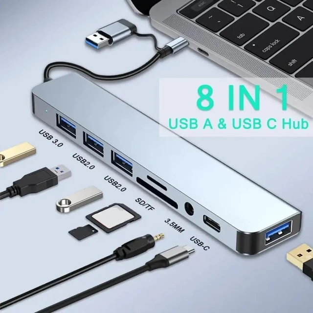 Alt view image 2 of 3 - USB Hub Compatible with Pro Air PC Laptop Tablet with SD TF Card Reader and 3.5mm Aux Ports