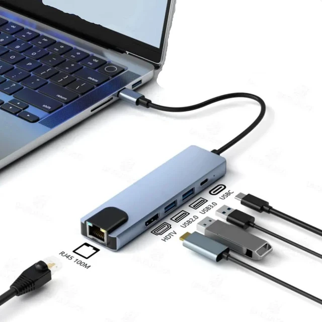 Alt view image 3 of 3 - USB C Hub Type C to 4K HDMI-Compatible Adapter RJ45 Network 100M Ethernet LAN Charger Port Adapter Compatible with Pro