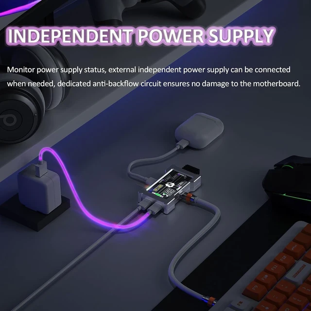 Alt view image 6 of 7 - Desktop USB 2.0 Switch, 8k USB Gaming Hub, Hub Docking Station, with Custom Display, Storing Up to 77 Images, Mtt Mode, Independent Power, CNC Aluminum Case