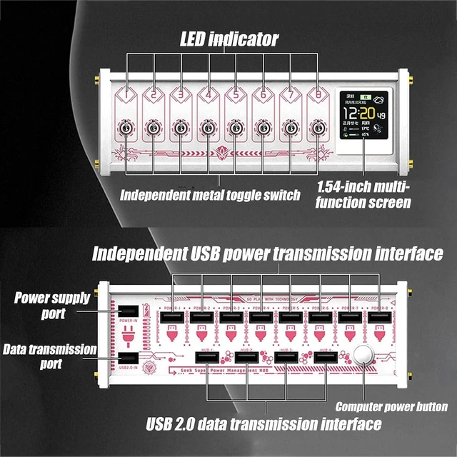 Alt view image 4 of 7 - 8 Ports USB Switch, 36w Modular USB Hub Docking Station/Power Strip, with Individual Toggle Switches, Data Transmission, for Pc Accessories Black