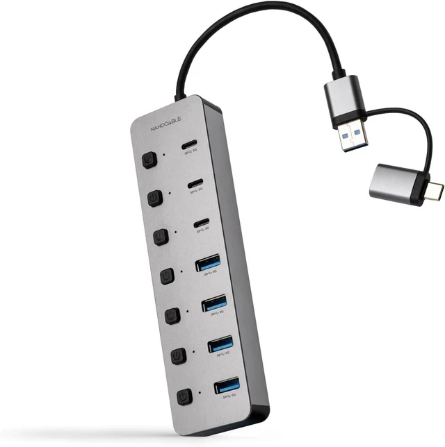 Main image of NANOCABLE 10.16.4510 USB-C + USB-A/M HUB to 4x USB-A + 3x USB-C 3.0 + USB-C 5V