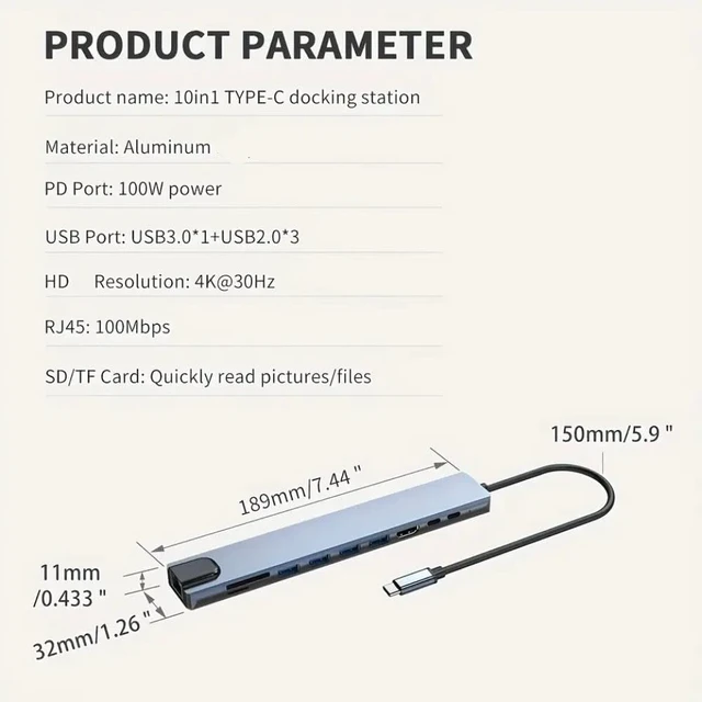 Alt view image 3 of 3 - USB C Hub Compatible with Phone 10 in 1 4K30Hz Docking Station Type C to HDTV-Compatible RJ45 Ethernet PD100W