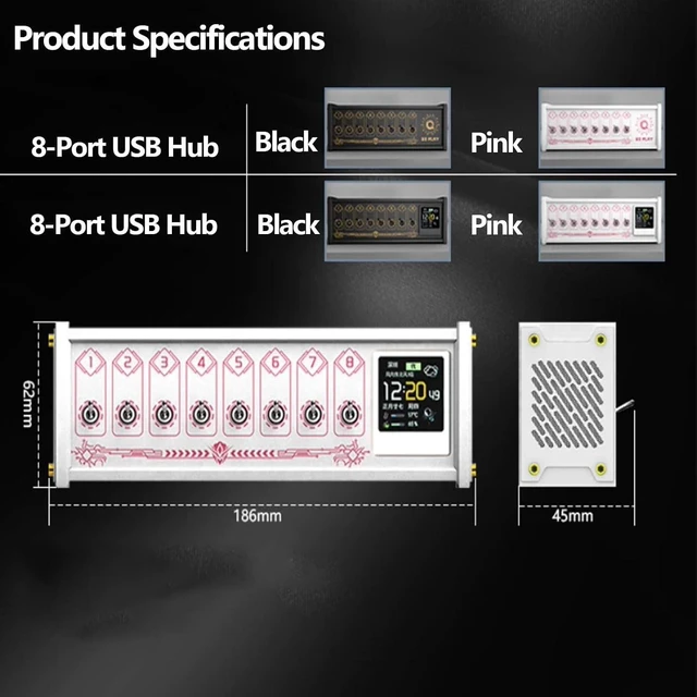 Alt view image 4 of 6 - 8 Port USB Switcher Hub, 36w USB C Docking Station with Displayport & Individual Switches, Fast Data Transfer Power Strip for Desktop, Home Office, Travel Black White
