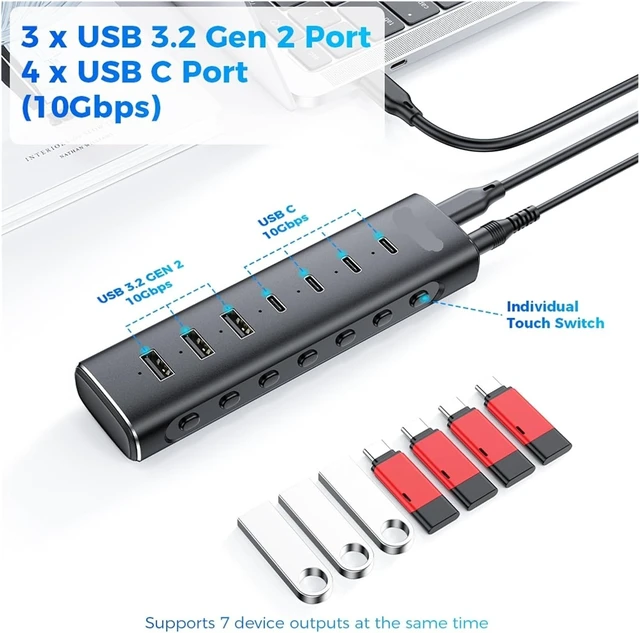 Alt view image 3 of 3 - USB 3.2 Hub Splitter 7-in-1 10Gbps Data Transfer with Individual Touch Switches Docking Stations for Laptop PC Computer