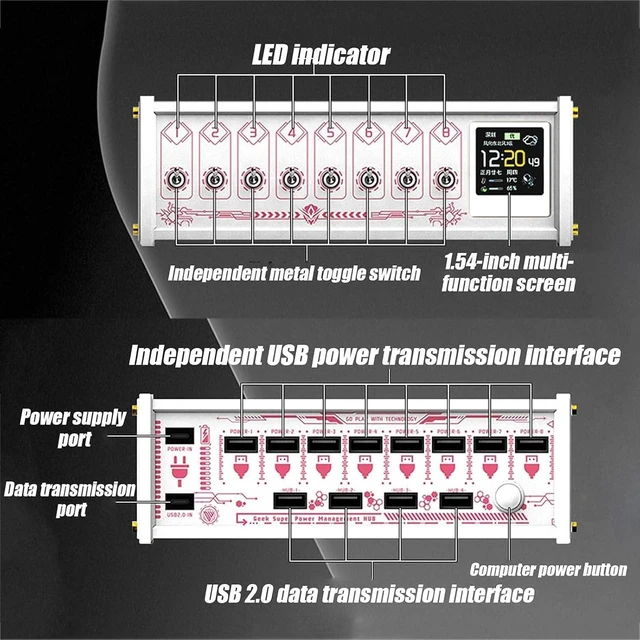 Alt view image 4 of 7 - 8 Ports USB Switch, 36w Modular USB Hub Docking Station, Independent Metal Switch, 1.54in Led Screen, for Data Transmission, Tablets White