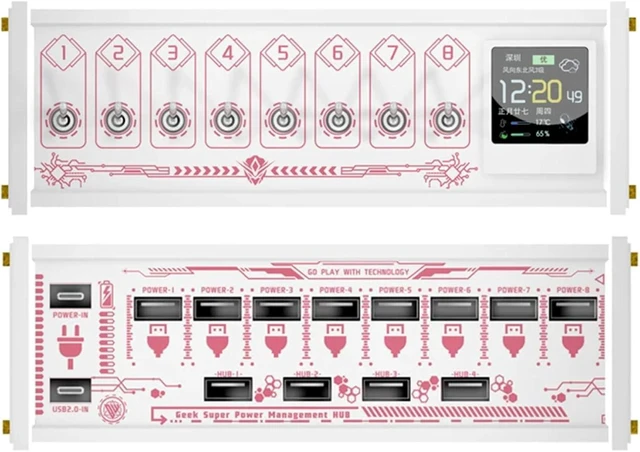 Main image of 8 Ports USB Switch, 36w Modular USB Hub Docking Station, Independent Metal Switch, 1.54in Led Screen, for Data Transmission, Tablets White