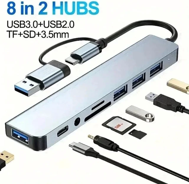 Alt view image 3 of 4 - 8 in 2 USB Hub with Splitter Reader USB C Port 3 0 2 0 SD TF Card Docking Station